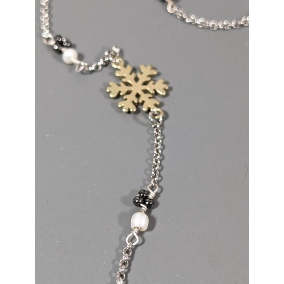 Gray Rhinestone Two Tone Snowflake Station Chain Necklace Pearl Christmas Holida - Picture 4 of 8